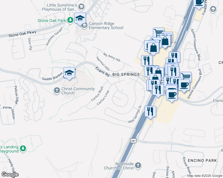 map of restaurants, bars, coffee shops, grocery stores, and more near 20922 Cactus Loop in San Antonio