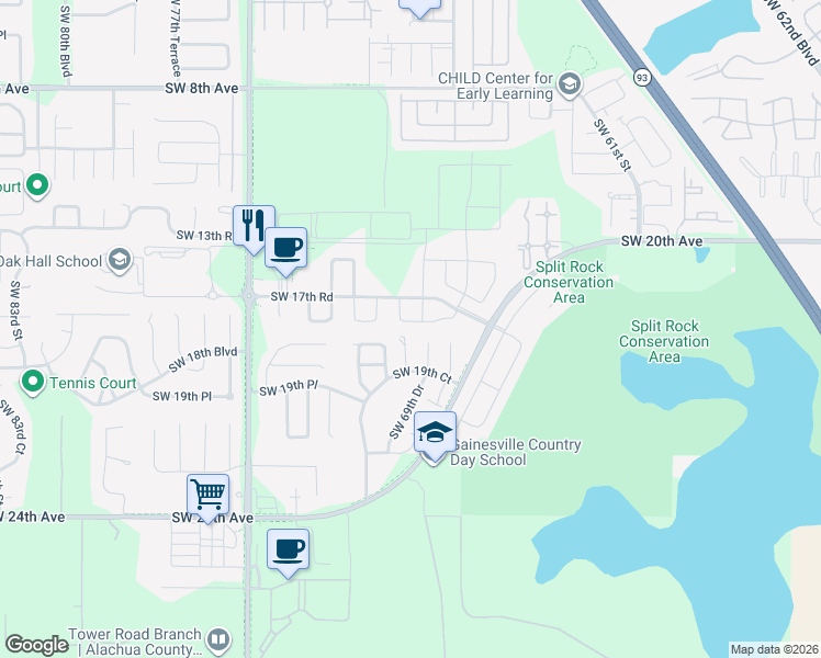 map of restaurants, bars, coffee shops, grocery stores, and more near 1717 Southwest 69th Terrace in Gainesville