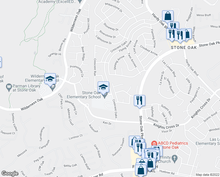 map of restaurants, bars, coffee shops, grocery stores, and more near Crescent Oaks & Crescent Glen in San Antonio