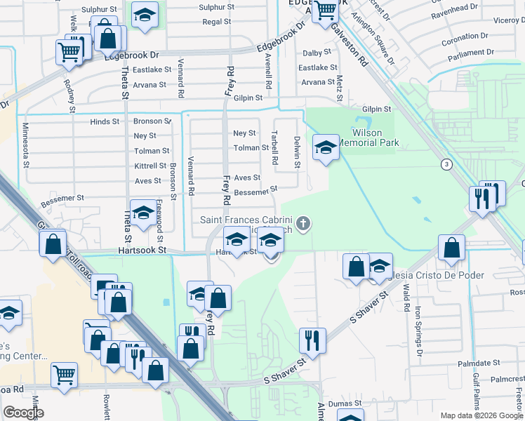 map of restaurants, bars, coffee shops, grocery stores, and more near 10618 Ambursen Street in Houston