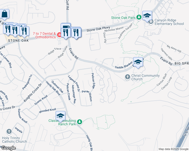 map of restaurants, bars, coffee shops, grocery stores, and more near 22122 Pelican Edge in San Antonio
