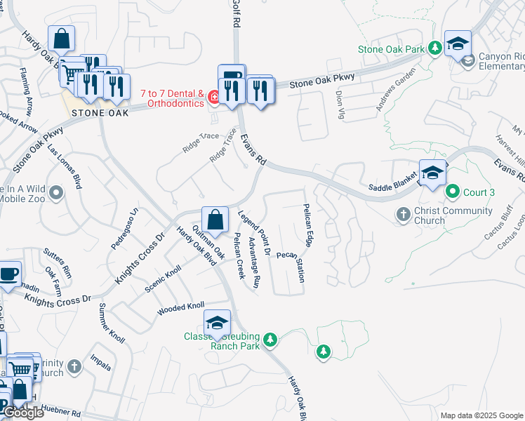 map of restaurants, bars, coffee shops, grocery stores, and more near 22131 Advantage Run in San Antonio