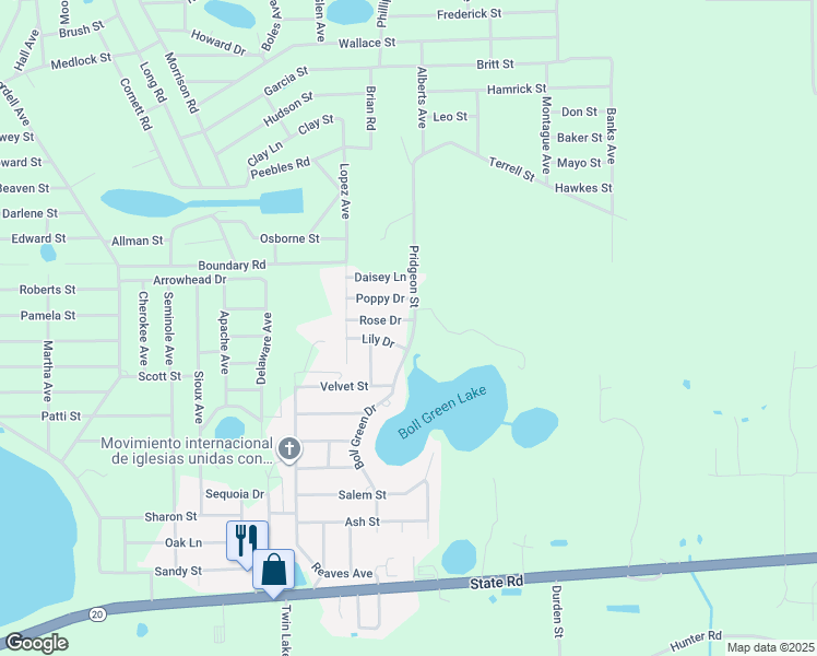 map of restaurants, bars, coffee shops, grocery stores, and more near 101 Rose Drive in Interlachen