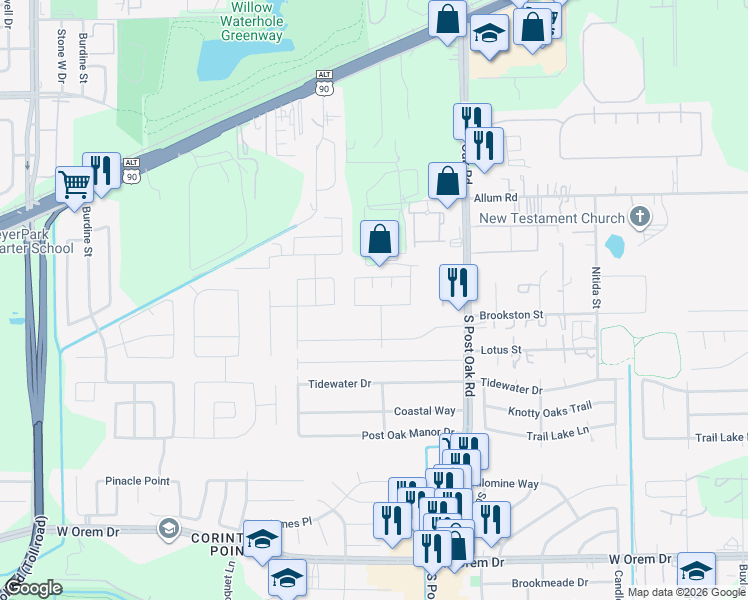 map of restaurants, bars, coffee shops, grocery stores, and more near 5602 Violet Path Lane in Houston