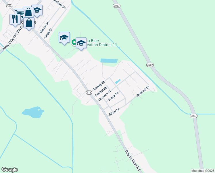 map of restaurants, bars, coffee shops, grocery stores, and more near Una Mae Street in Bayou Blue