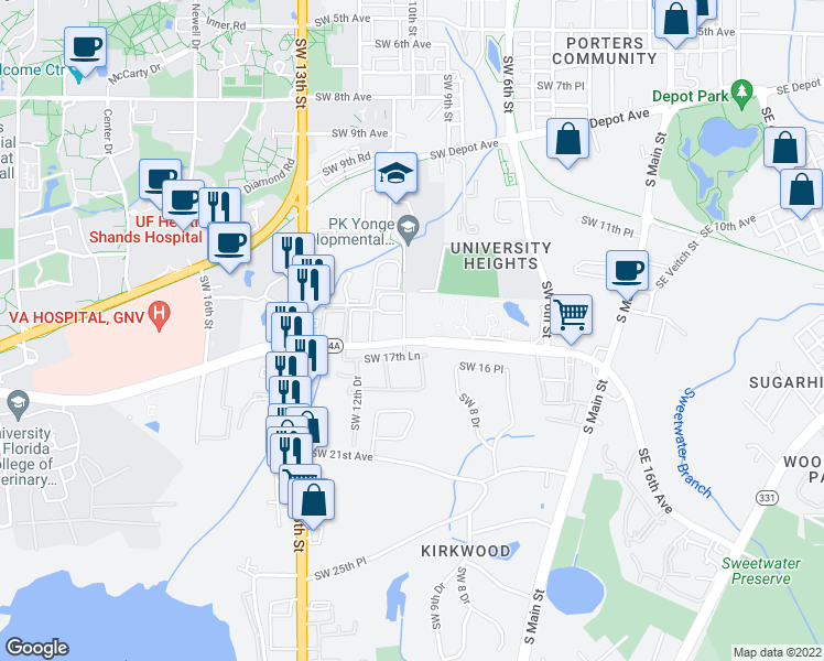 map of restaurants, bars, coffee shops, grocery stores, and more near 990 Southwest 16th Avenue in Gainesville