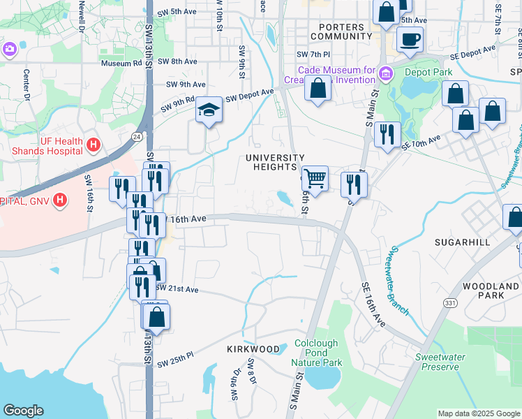map of restaurants, bars, coffee shops, grocery stores, and more near 704 Southwest 16th Avenue in Gainesville