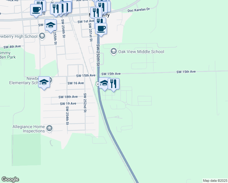 map of restaurants, bars, coffee shops, grocery stores, and more near 1739 Southwest 248th Drive in Newberry