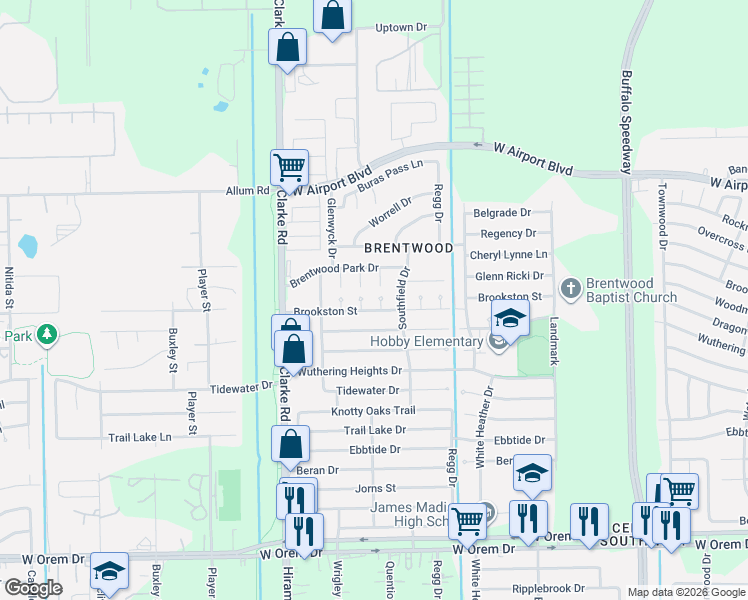 map of restaurants, bars, coffee shops, grocery stores, and more near 4196-4232 Brookston Cir in Houston