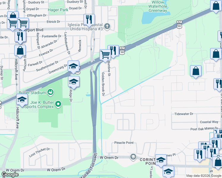 map of restaurants, bars, coffee shops, grocery stores, and more near 12731 Burdine Street in Houston