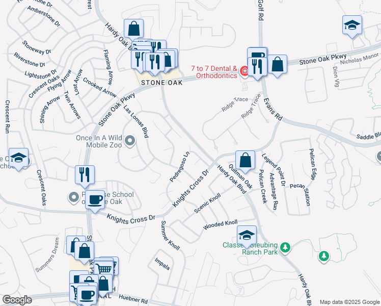map of restaurants, bars, coffee shops, grocery stores, and more near 20950 Pedregoso Lane in San Antonio