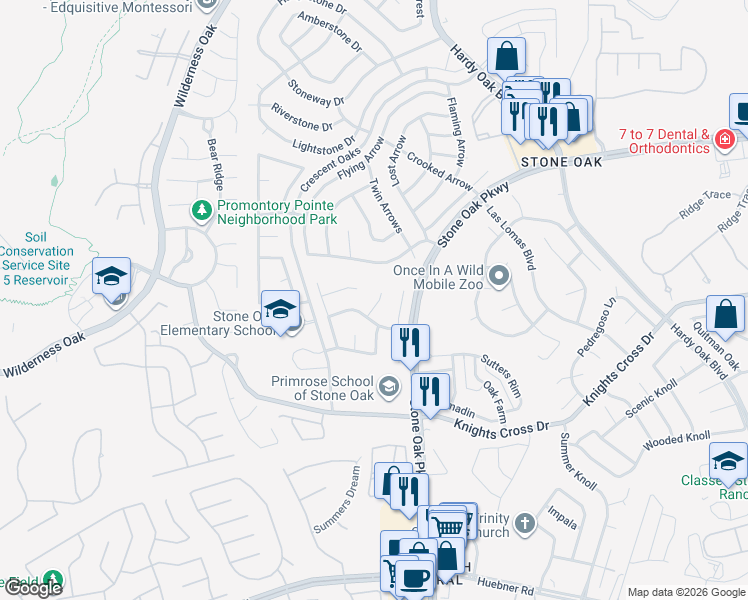 map of restaurants, bars, coffee shops, grocery stores, and more near 24615 Dawn Arrow in San Antonio