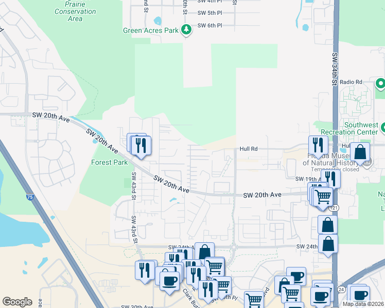 map of restaurants, bars, coffee shops, grocery stores, and more near 4022 Southwest 17 Lane in Gainesville