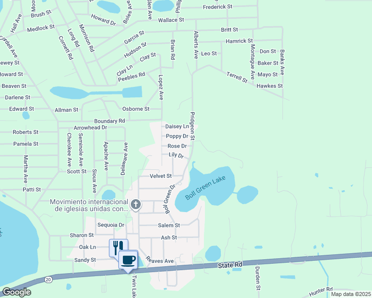 map of restaurants, bars, coffee shops, grocery stores, and more near 101 Rose Drive in Interlachen