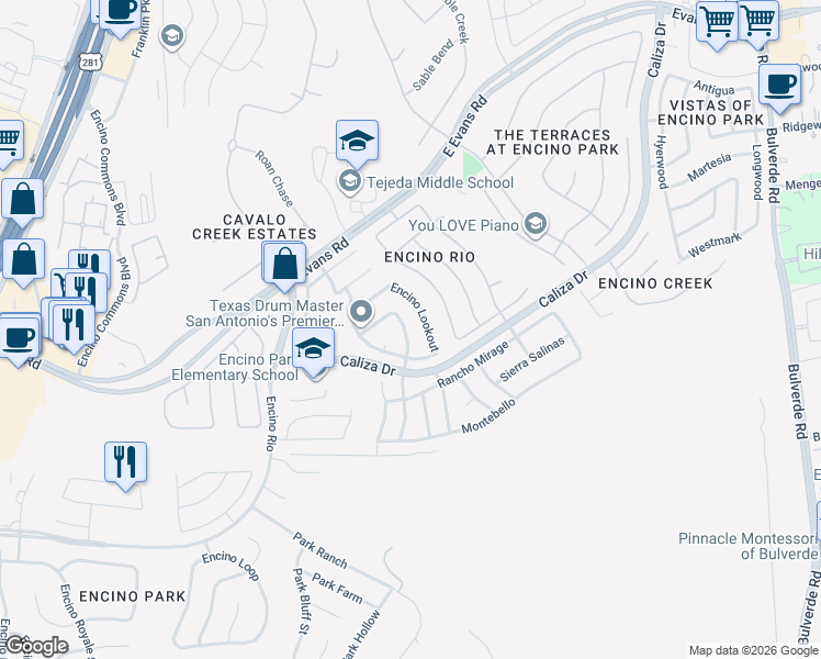 map of restaurants, bars, coffee shops, grocery stores, and more near 21326 Encino Caliza in San Antonio