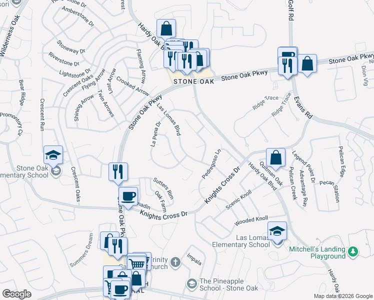 map of restaurants, bars, coffee shops, grocery stores, and more near 21006 Las Lomas Boulevard in San Antonio