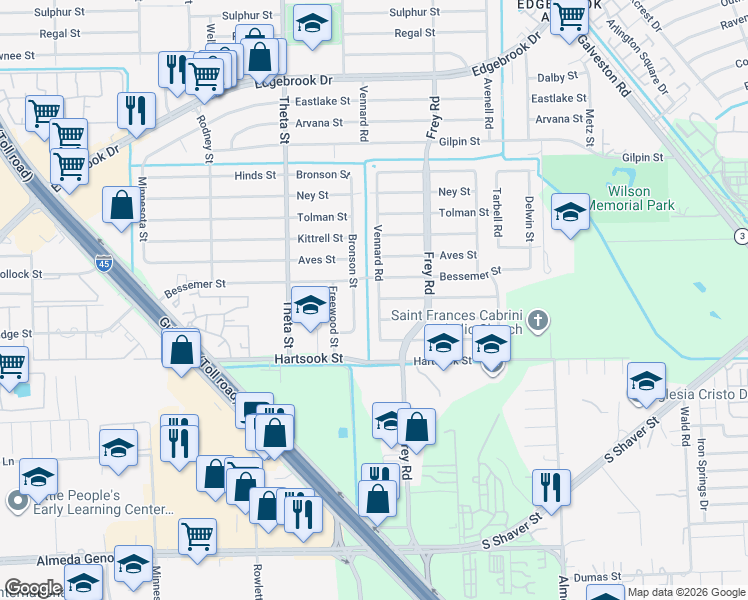 map of restaurants, bars, coffee shops, grocery stores, and more near 8518 Vennard Road in Houston