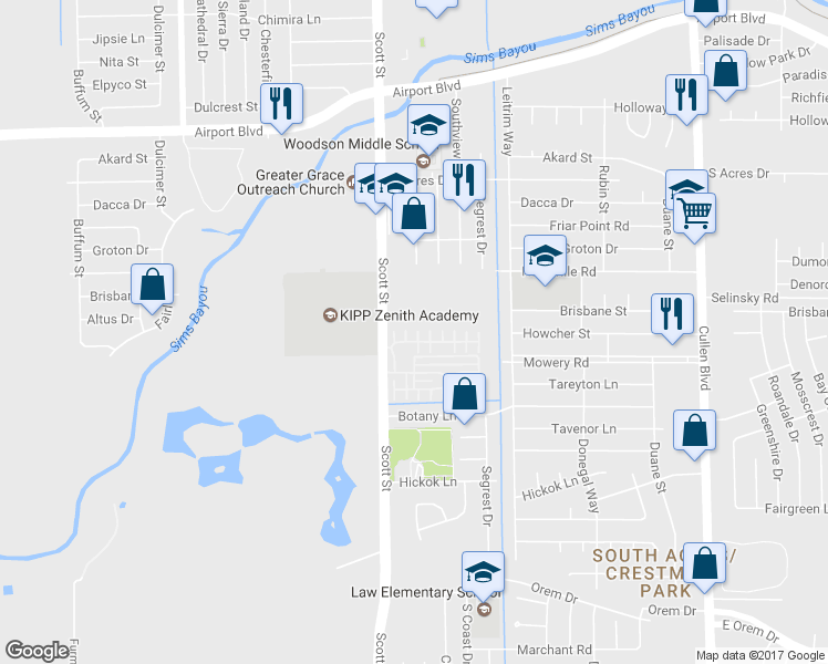 map of restaurants, bars, coffee shops, grocery stores, and more near 3739 Curvey Lane in Houston