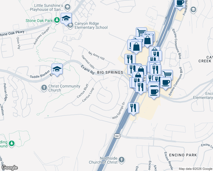 map of restaurants, bars, coffee shops, grocery stores, and more near 20907 Cactus Peak in San Antonio