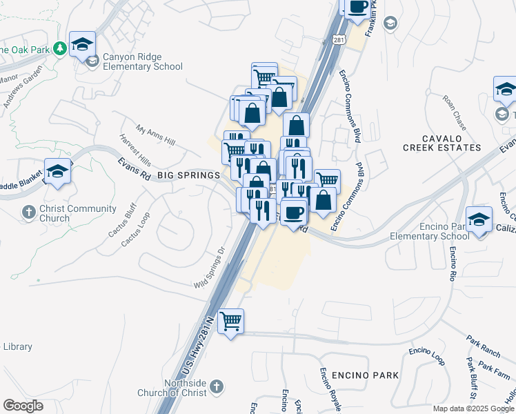map of restaurants, bars, coffee shops, grocery stores, and more near U.S. 281 & Evans Rd & E Evans Rd in San Antonio