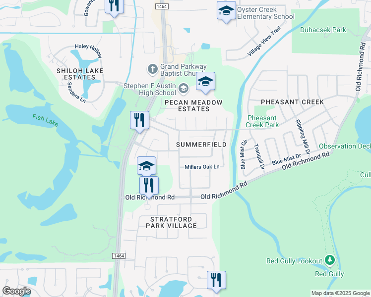 map of restaurants, bars, coffee shops, grocery stores, and more near 3127 Lonesome Ridge Court in Sugar Land