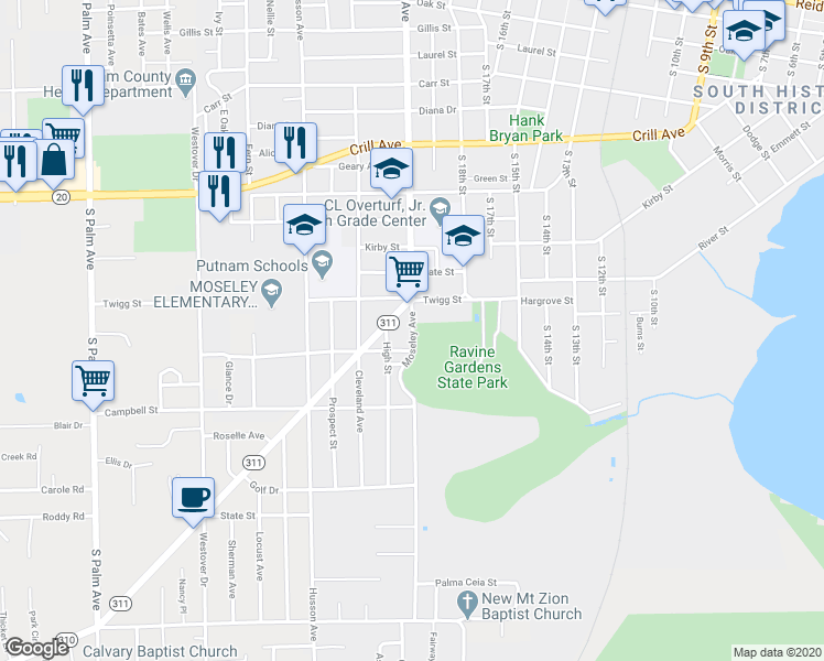 map of restaurants, bars, coffee shops, grocery stores, and more near 1348 Moseley Avenue in Palatka