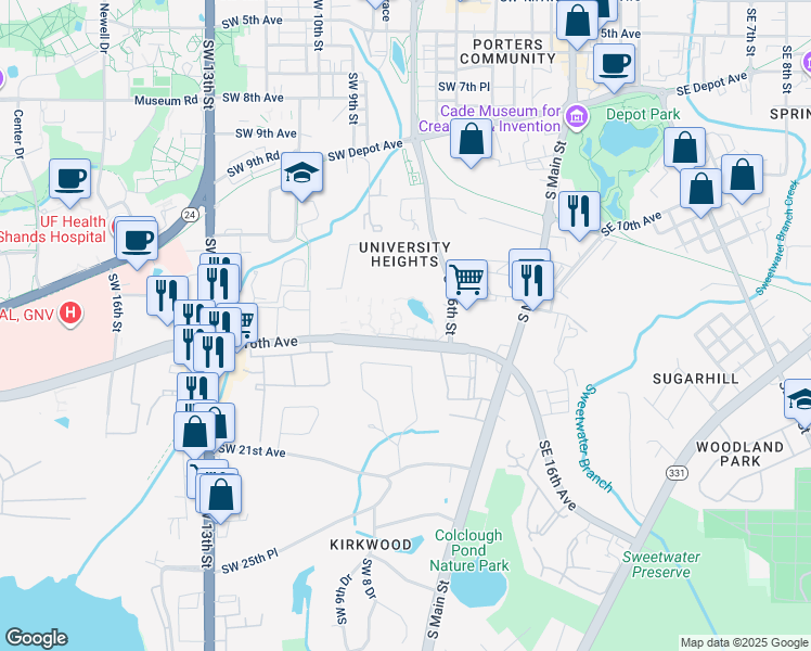map of restaurants, bars, coffee shops, grocery stores, and more near 704 Southwest 16th Avenue in Gainesville
