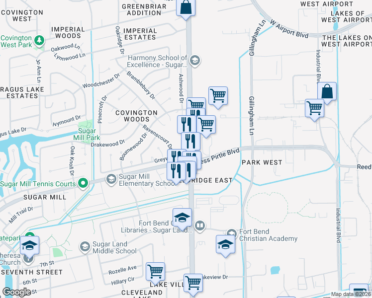 map of restaurants, bars, coffee shops, grocery stores, and more near 1106 Beecroft Drive in Sugar Land