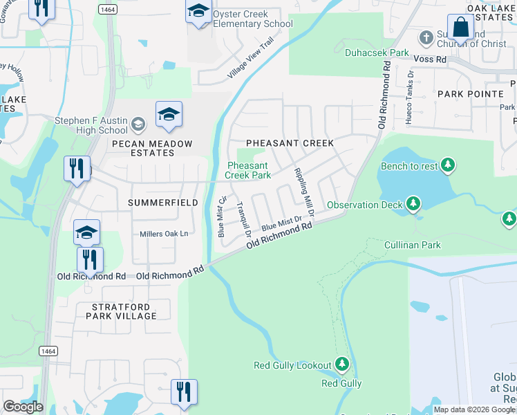 map of restaurants, bars, coffee shops, grocery stores, and more near 17003 Enchanted Circle West in Sugar Land