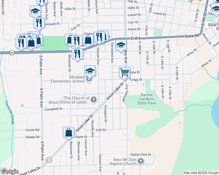 map of restaurants, bars, coffee shops, grocery stores, and more near 1310 Cleveland Avenue in Palatka