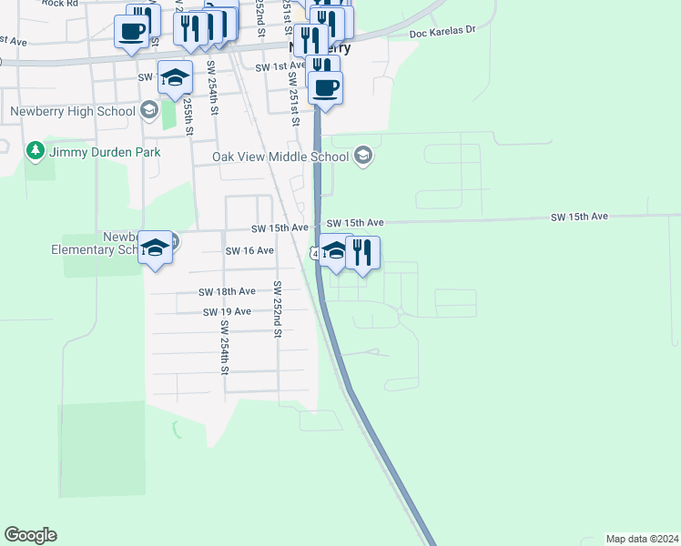 map of restaurants, bars, coffee shops, grocery stores, and more near 1739 Southwest 248th Drive in Newberry