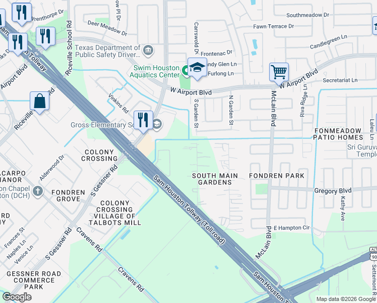 map of restaurants, bars, coffee shops, grocery stores, and more near 11510 South Garden Street in Houston