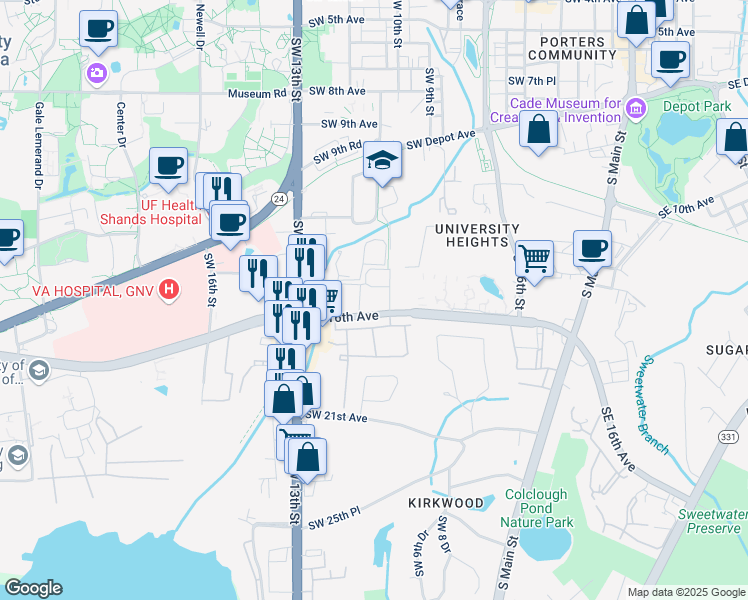 map of restaurants, bars, coffee shops, grocery stores, and more near 1000 Southwest 16th Avenue in Gainesville