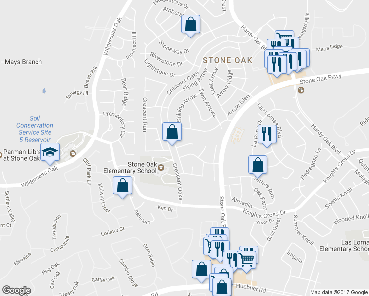 map of restaurants, bars, coffee shops, grocery stores, and more near 1322 Arrow Bow in San Antonio