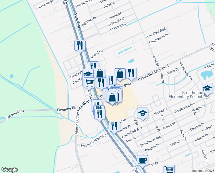 map of restaurants, bars, coffee shops, grocery stores, and more near 115 Bayou Gardens Boulevard in Houma