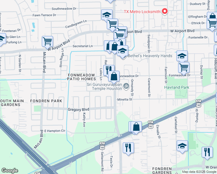 map of restaurants, bars, coffee shops, grocery stores, and more near 12823 Laleu Lane in Houston