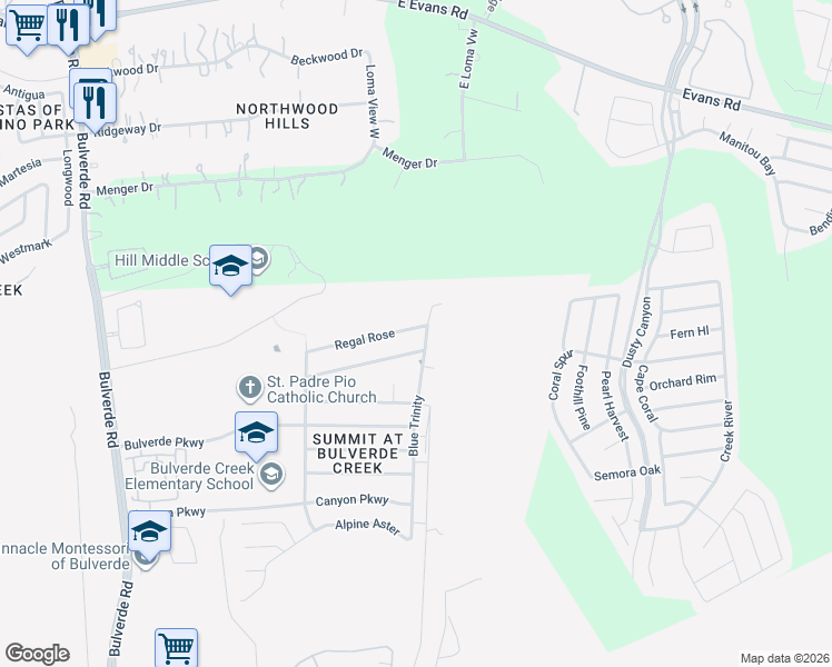 map of restaurants, bars, coffee shops, grocery stores, and more near 4050 Regal Rose in San Antonio