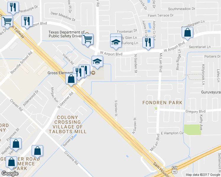 map of restaurants, bars, coffee shops, grocery stores, and more near 11510 South Garden Street in Houston