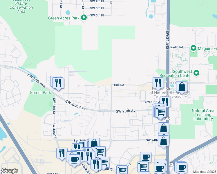 map of restaurants, bars, coffee shops, grocery stores, and more near 1634 Southwest 38th Terrace in Gainesville