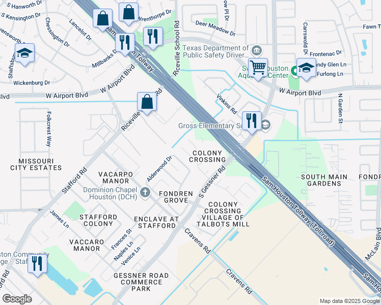 map of restaurants, bars, coffee shops, grocery stores, and more near 16514 Lacey Lane in Missouri City