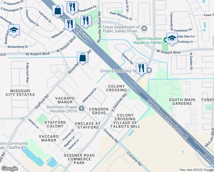 map of restaurants, bars, coffee shops, grocery stores, and more near 16514 Lacey Lane in Missouri City
