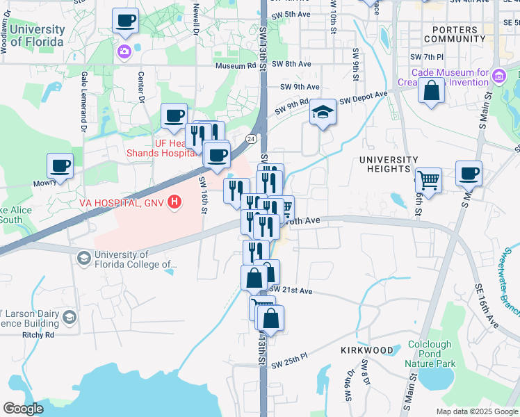 map of restaurants, bars, coffee shops, grocery stores, and more near 1470 Southwest 13th Street in Gainesville