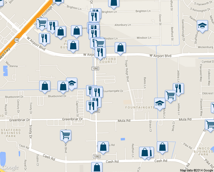 map of restaurants, bars, coffee shops, grocery stores, and more near 12725 Murphy Rd in Stafford