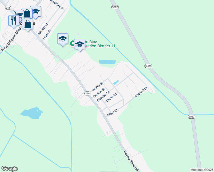 map of restaurants, bars, coffee shops, grocery stores, and more near Una Mae Street in Houma