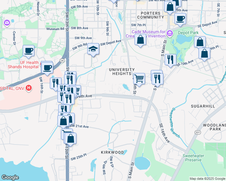 map of restaurants, bars, coffee shops, grocery stores, and more near 708 Southwest 16th Avenue in Gainesville