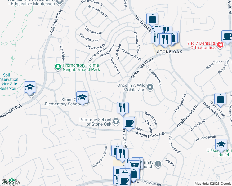 map of restaurants, bars, coffee shops, grocery stores, and more near 24615 Dawn Arrow in San Antonio