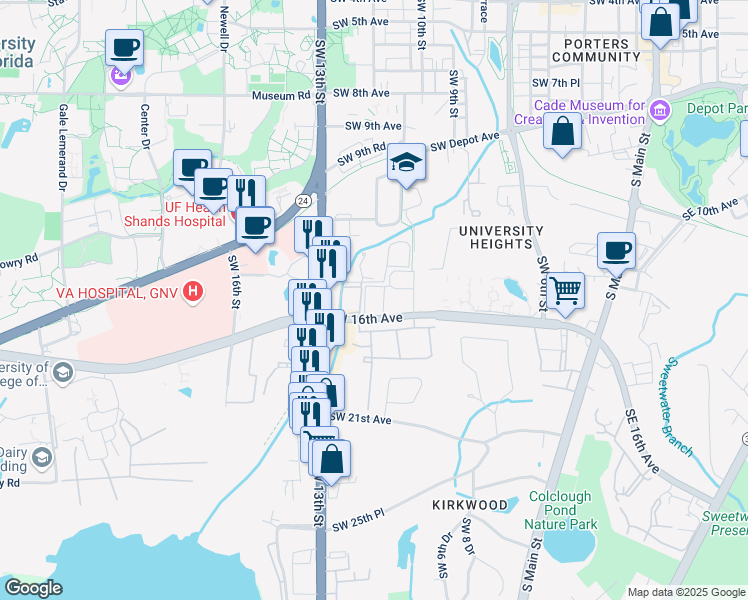 map of restaurants, bars, coffee shops, grocery stores, and more near 1000 Southwest 16th Avenue in Gainesville