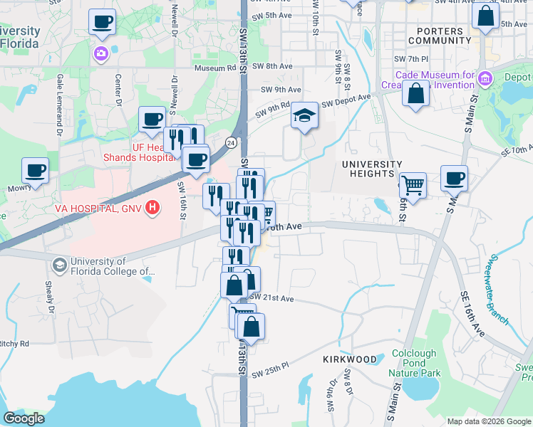 map of restaurants, bars, coffee shops, grocery stores, and more near 1210 Southwest 16th Avenue in Gainesville