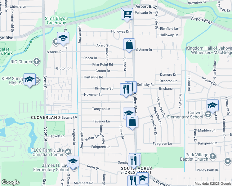 map of restaurants, bars, coffee shops, grocery stores, and more near 4327 Howcher Street in Houston
