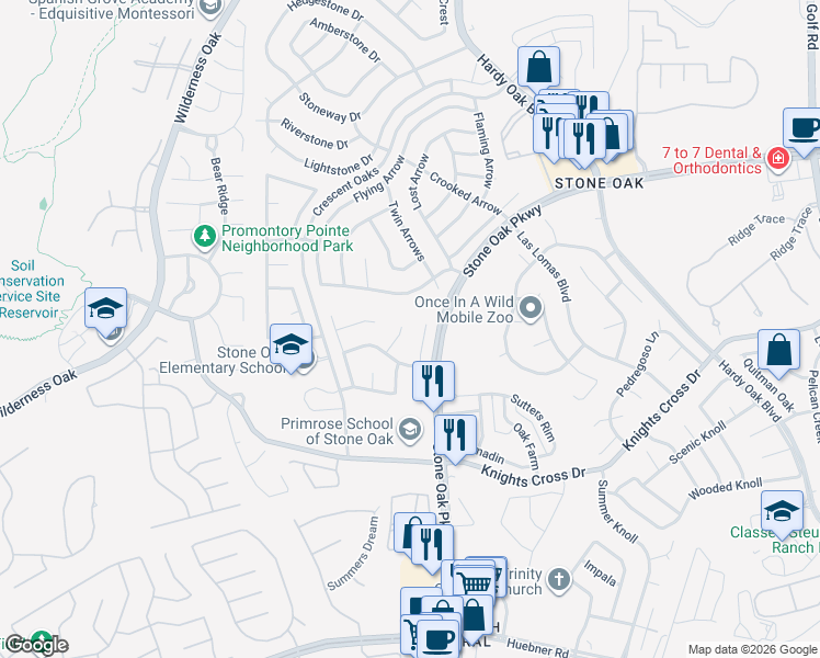 map of restaurants, bars, coffee shops, grocery stores, and more near 24615 Dawn Arrow in San Antonio